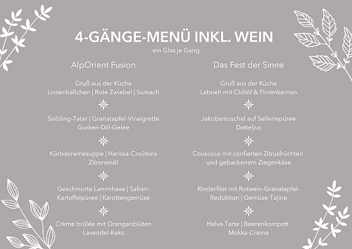 Auswahlmenüs für 4-Gänge-Menü inkl. Weinbegleitung